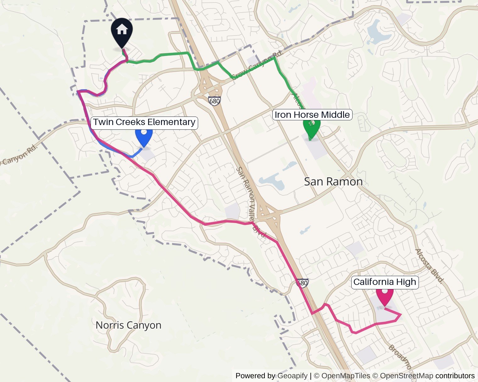 1021 Via Veneto, San Ramon, CA — assigned schools map